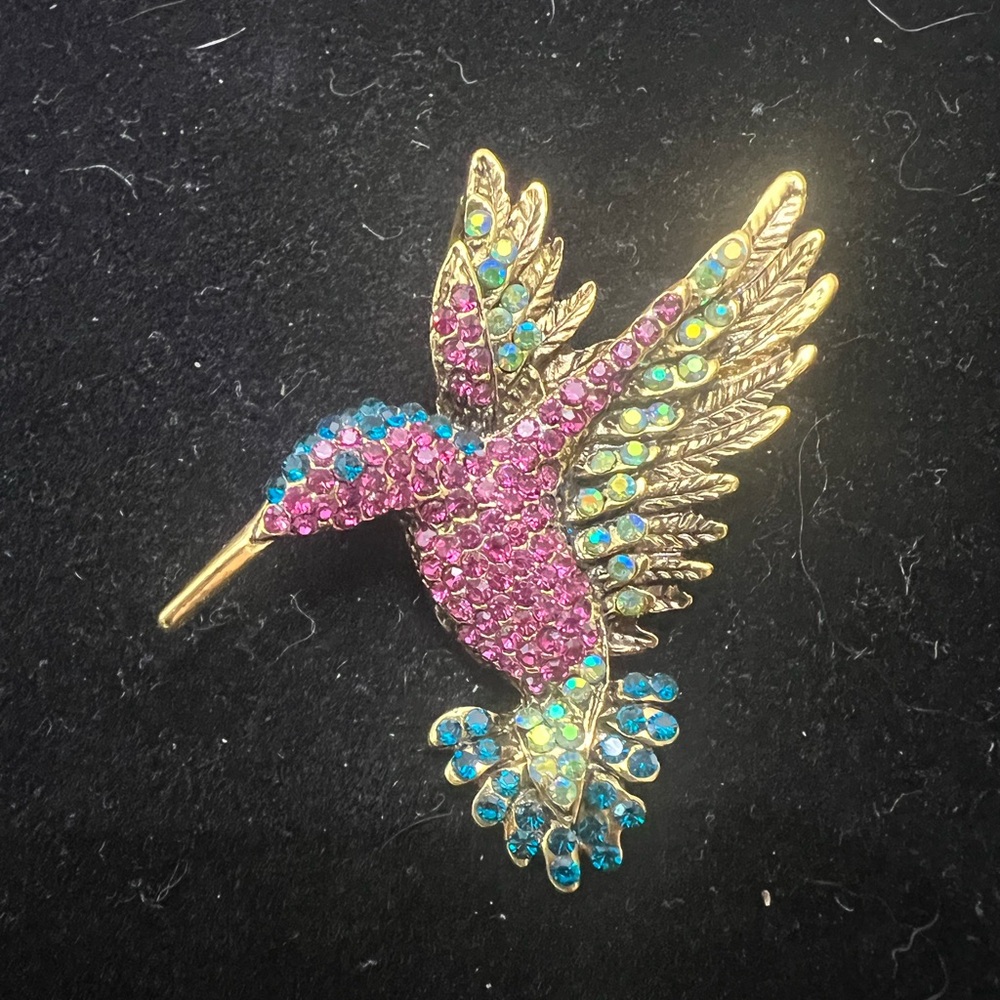 Pink and Teal Hummingbird Bird Pin Brooch  Antique Hold Tone